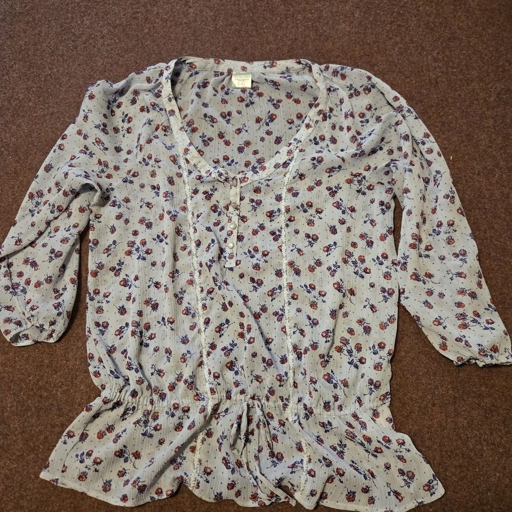 Inked & Faded Rose Blouse Sheer Blue And Red Pearl Buttons Size LARGE